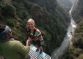 White woman ready for bungee jumping in Bhote Koshi