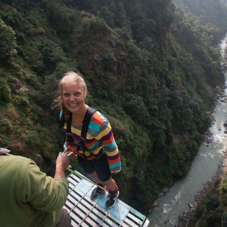 White woman ready for bungee jumping in Bhote Koshi