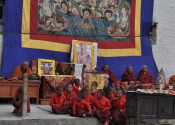 Group of kid monks during Tiji Festival in Lo-Manthang, Mustang Region